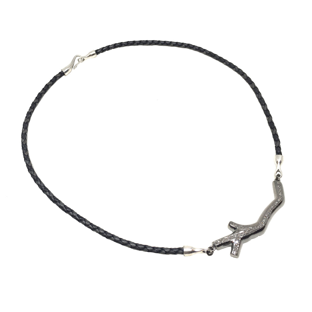 Pave Diamond Branch on Braided Leather Necklace - burnmark