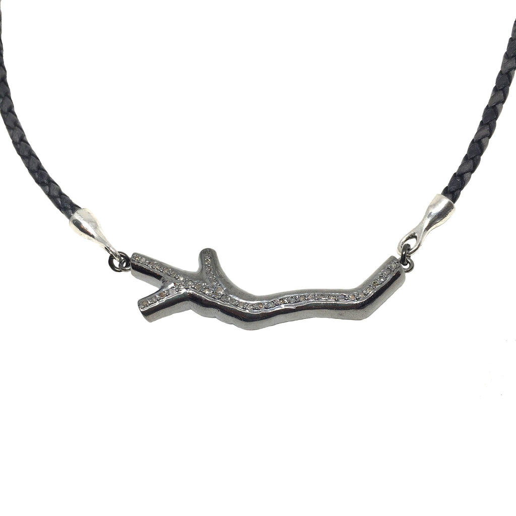 Pave Diamond Branch on Braided Leather Necklace - burnmark