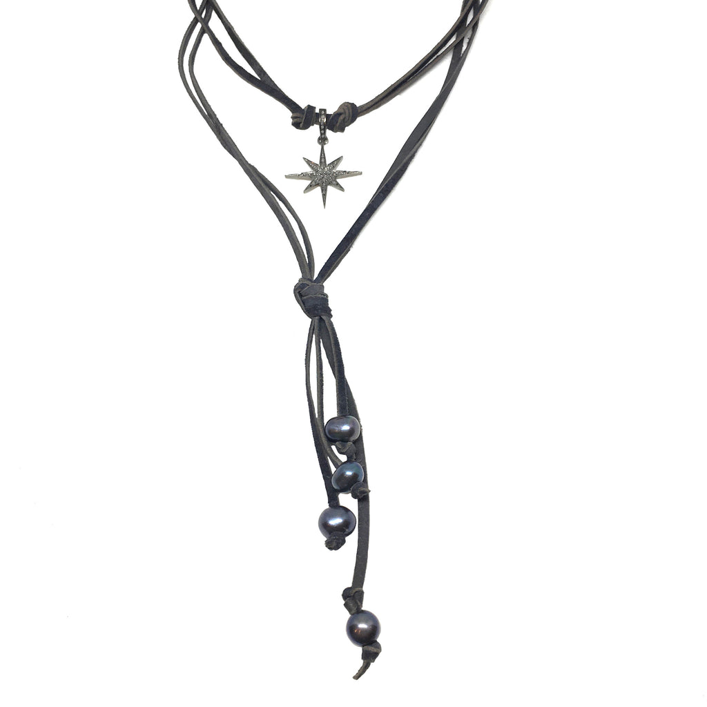 Leather Wrap Necklace | Pave Diamond Star - burnmark