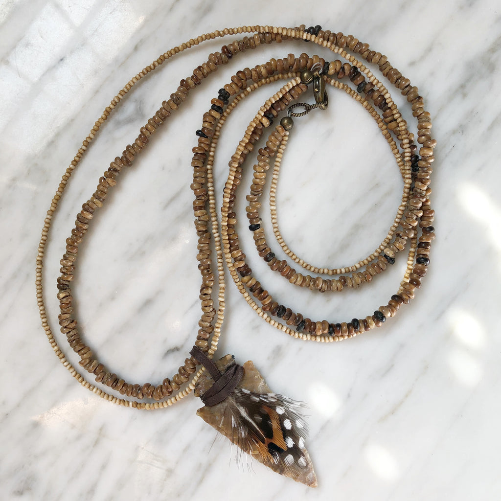 Arrowhead Necklace | Seed Beads + Feathers - burnmark