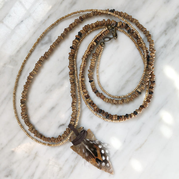 Arrowhead Necklace | Seed Beads + Feathers - burnmark
